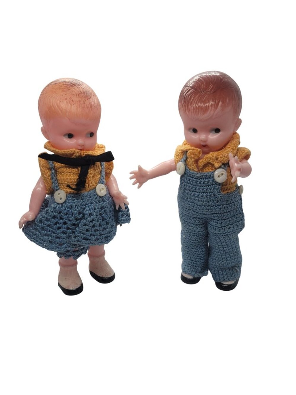 Vintage 1950s Knickerbocker Celluloid Plastic Dolls Crochet Outfits Kewpie Pair